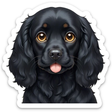 Cinematic Cute Black Cocker Spaniel Portrait Emoji, Head tilted playfully and inquisitively, featuring a glossy black coat with delicate tan accents, round, sparkling dark eyes brimming with curiosity, Simplified yet irresistibly adorable features, highly detailed, glowing with a warm, friendly glow, high shine, affectionate and lively, stylized with a touch of whimsy, bright and endearing, soft glowing outline, capturing the essence of a mischievous yet loving pup, so playful it feels like it could bound out of the screen and into your arms! sticker