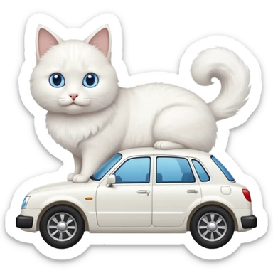 Please create a small emoji the size of 🚗 featuring a pure white cat with stubby tail with blue eyes on a white saloon car viewed from side. Again it is necessary that the emoji must be extremely small, much smaller than a standard sized sticker. sticker