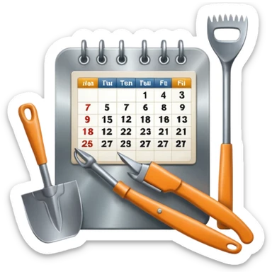 calendar icon with garden tools near. Transparent background sticker