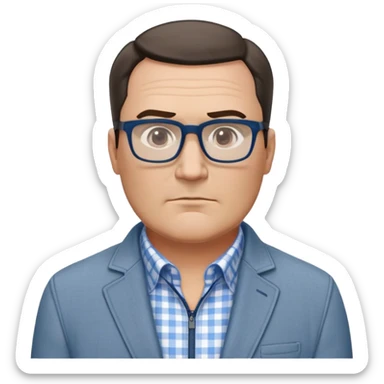 50-year-old heavyset man with very wide face and prominent square jawline. Short straight hair combed to the side, not balding. Large dark square glasses. Serious-relaxed expression. Light gray jacket that fits his larger frame, white shirt with blue checkered pattern. sticker