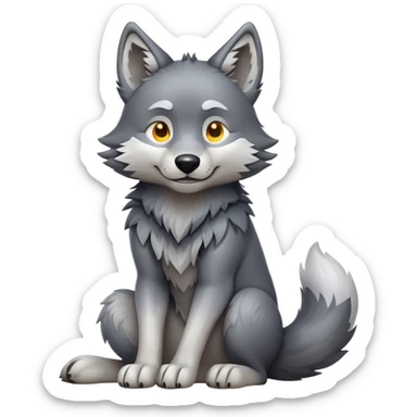 cinematic-[wolf]-realistic-full-body-sitting-emoji,-tail-resting-loosely-beside-its-paws,-head-tilted-dramatically, -scruffy-[grey]-fur,-simplified-yet-realistic-focused-features,-highly-detailed,-glowing-with-an-almost-sarcastic-glow sticker