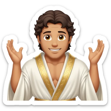 Cinematic Realistic Hercules Portrait, head tilted playfully and inquisitively, showcasing a charming blend of Disney heroic charisma and the refined grace of Michelangelo's David. His sun-kissed bronze skin and thick, wavy dark hair are rendered with classical precision, complementing a warm, inviting smile and sparkling, mischievous eyes. Clad in a softly draped white robe with subtle golden details, he exudes approachable strength under gentle, natural lighting. sticker