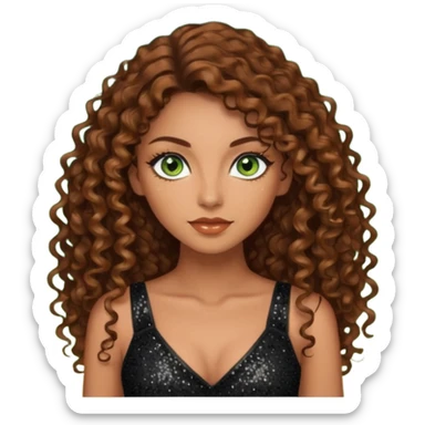 green eyes brown long curly hair evil siren woman,with 7 inch platform stripper high heels black glitter dress, Los Angeles Spanish style black outfit sticker