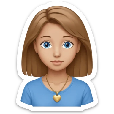 A 16-year-old girl with long, light brown hair and blue eyes. She also has slightly tanned skin, a small nose, and average-sized lips (though her lower lip is slightly larger than her upper lip). She's wearing a taupe T-shirt with a round neck and a gold necklace with a small heart on it. sticker