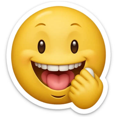 Quiero un personaje de una bolita de emoji amarilla con cara sonriente mordiéndose un dedo sticker