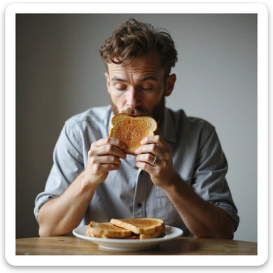 hyperrealistic 4K man isolated on white background having breakfast, eating a toast, natural pose, realistic details, variant 7 sticker