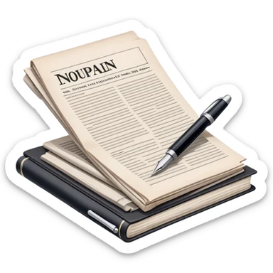 Create an emoji representing journalism and publicistic writing. The design should feature a stack of newspapers, an open notebook with visible text, and a single fountain pen placed near the notebook, symbolizing the act of writing. Use neutral, professional colors like black, white, and muted tones to convey a sense of seriousness and intellect. Do not include any emojis or smiley faces. Make the background transparent. sticker