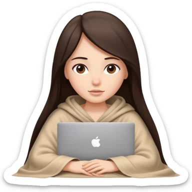 Beautiful girl with a long straight dark brown hair inside a beige blanket working macbook  sticker