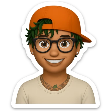 Make the orange cap's visor clearly visible on the back of the head, add more messy green hair in front, and put a small Nike logo on the front of the cap. Keep the street style and big smile. Transparent background. sticker