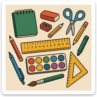 illustration of a ruler, various styles of school supplies sticker
