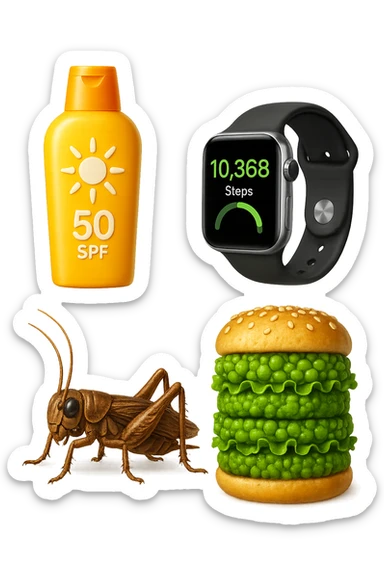 emoji stile iphone di una boccetta di CREMA SOLARE, UNO SMARTWATCH CONTAPASSI, UN GRILLO, UNA TORRETTA DI HAMBURGER FATTI CON I PISELLI, IPERREALISTICO 4K sticker