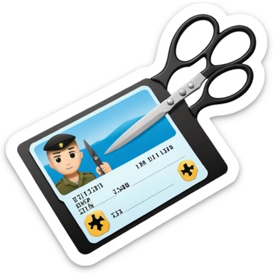 Floating black Scissors cutting in half an idf soldier ID card with a little chip in 2 parts sticker