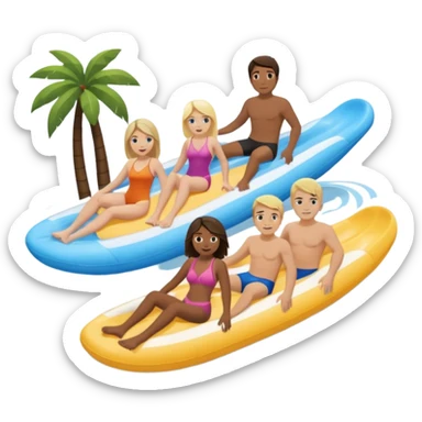 2 girls 2 guys. dark brown haired girl that’s pale and blonde haired girl and dirty blonde haired man and dark brown hair man that has a bit longer hair just above his shoulders and is pale too on the lazy river water slide sticker