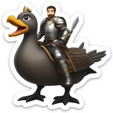 Confident armored White Man with dark brown hair and a short beard riding on the back of a giant armored duck pointing forward with one arm yelling a battle charge sticker