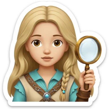 long haired girl in archaeological outfit, holding magnifying glass sticker