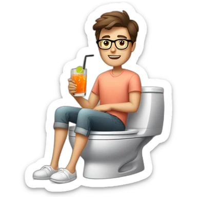 clean-shaven man with short brown hair, octagonal glasses, and salmon colored shirt sitting on the toilet, drinking a cocktail. Sitting on the toilet in the bathroom sticker