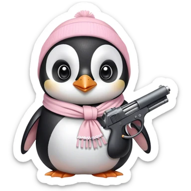 cute penguin wearing light pink bow scarf and holding light pink gun  sticker