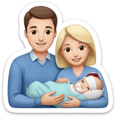 30s couple, man and woman smiling while looking at a newborn baby, family harmony sticker