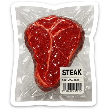 steak with sparkling highlights, glossy and inflated, vacuum-sealed style sticker