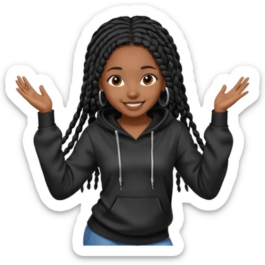 African American girl dark skin complextion a l with long black box braids wearing plain black hoodie dancing sticker