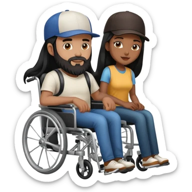 Beige skin man with a beard and cap in a wheelchair and a dark brown skin woman with long black hair in a wheelchair  sticker