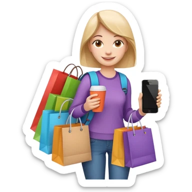 Apple iOS emoji-style 3D illustration of a cheerful young woman carrying too many items — multiple colorful shopping bags, two stacked cardboard boxes, coffee cup, smartphone, backpack, and shoulder bag. sticker