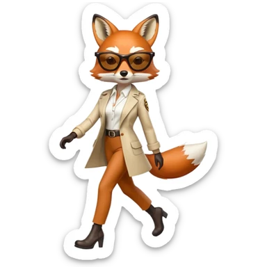 serious anthropomorphised female fox in stylish outfit with sunglasses, walking with confidence, full-body sticker