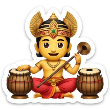 Cinematic Realistic Gamelan Pop Culture Emoji, depicted with an ensemble of traditional Indonesian instruments rendered with rich textures and rhythmic, cultural lighting. sticker