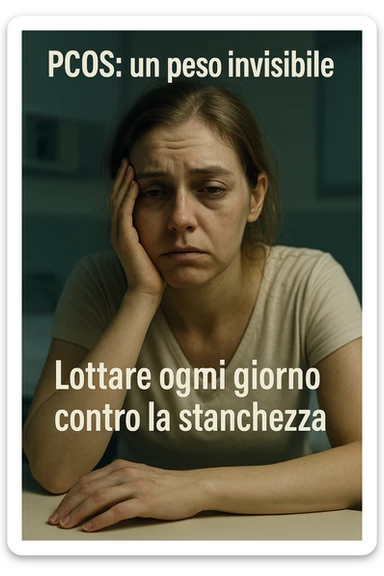 Donna affaticata e debilitata dalla PCOS, segni di stanchezza e malessere, atmosfera clinica, dettagli realistici, luci drammatiche, didascalie in italiano, verticale 2:3 sticker