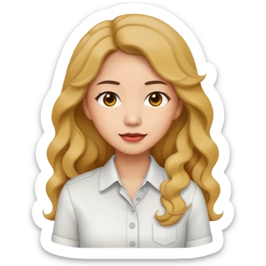 Asian woman, white button-up shirt, long permed wavy hair, emoji style, simple flat colors, transparent background. sticker