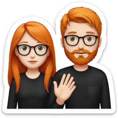 girl with long orange hair wearing no glasses and all black clothes and holding hands with boy with black hair and beard and glasses and pale skin sticker