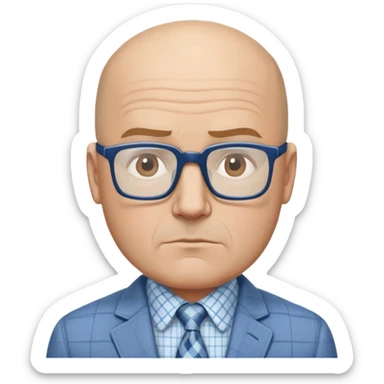 Larger 50-year-old man with wide square face. Male pattern baldness with hair only on top/crown of head, completely bald sides. Large dark square glasses. Serious expression. Light gray blazer, white shirt with blue checkered pattern. sticker