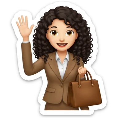 medium deep tan brown business woman with long black curly hair, waving hand with happy face with smile mouth and carrying bag on her shoulder sticker