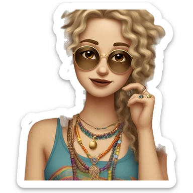 Caucasian hippie girl with curly dirty blonde hair, hazel eyes, baggy colorful pants and a tank top, lots of bohemian bracelets and jewelry, smoking and joint and wearing sunglasses  sticker
