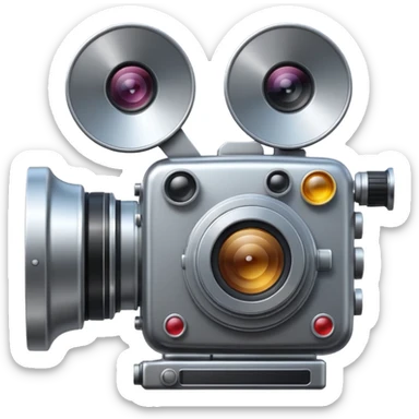 Minimal emoji icon of a huge cinematic metalic camera, front view, simple shapes, realistic lens,  sticker