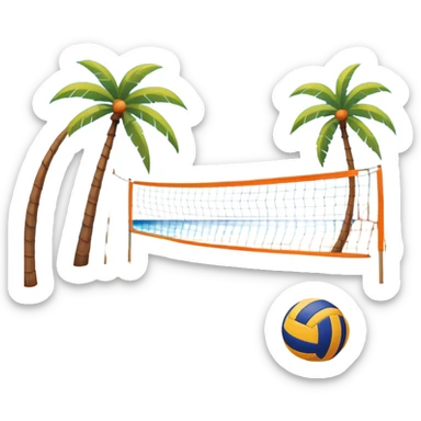A volleyball resting on the orange sand ground of a beach, with a volleyball net in the background. The scene captures a sunny beach atmosphere with clear blue sea and sky, palm trees swaying, and people in swimsuits enjoying the vibrant surroundings sticker