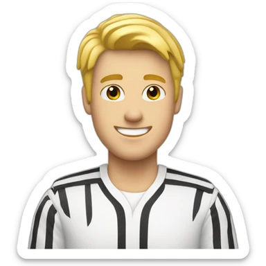 blonde guy wearing a white shirt with two black stripes in each side smiling sticker