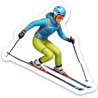 An icon featuring a skier racing down a snow-covered slope, surrounded by snowy peaks and pine trees. The design includes ski poles, bright winter gear, and dynamic motion lines, capturing the thrill and speed of alpine skiing. Transparent background sticker