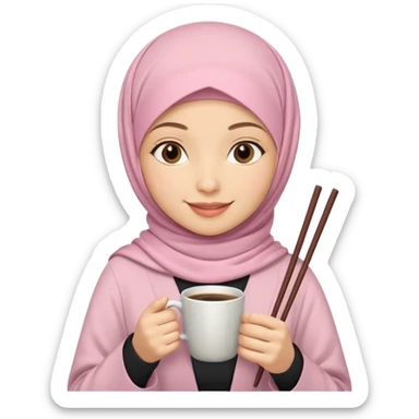 A hijabi girl with light pink hijab and tanned skin holding coffee in one hand and chopsticks in other. Only upper portion of the body shown in IOS format sticker