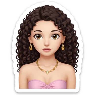 crée moi une jeune fille très belle avec les cheveux bouclés long et brune avec un top  sans manche ni brettelles juste un 'bandeau' de couleur rose clair avec un peu de maquillage et des beaux et long  cils avec un collier en or sticker