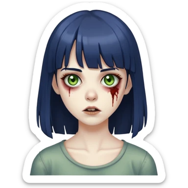 garota zombie, cabelos azuis escuros e lisos médio com uma franja na testa, olhos verdes acastanhados sticker