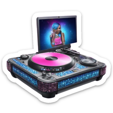 Realistic DJ turntable setup with pink,blue,and purple sparkling diamonds and rhinestones on it. sticker