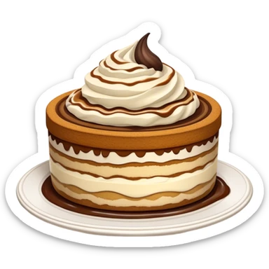 Tiramisu Cinematic Realistic Tiramisu Dessert Emoji, depicted as a delightfully messy, layered tiramisu with coffee-soaked sponge and mascarpone cream, rendered with rich textures and warm, indulgent lighting. sticker