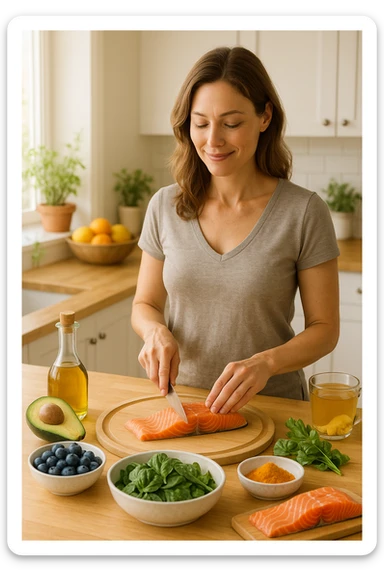 Donna tra i 30 e i 40 anni in una cucina luminosa, serena e sorridente, mentre prepara un pasto a base di cibi antinfiammatori: avocado, mirtilli, salmone selvaggio, verdure a foglia verde, olio d’oliva, curcuma. Il piano cucina è ordinato, ricco di colori naturali. Sullo sfondo: erbe fresche, frutta, una tisana allo zenzero. La donna appare in forma, rilassata e consapevole delle sue scelte. Atmosfera calda e armoniosa, luce naturale. Stile realistico, tono positivo e ispirazionale sticker