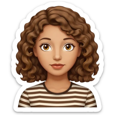 woman, 40s, chin-length wavy/curly brown-ish, few white stripes hair, hazel eyes sticker