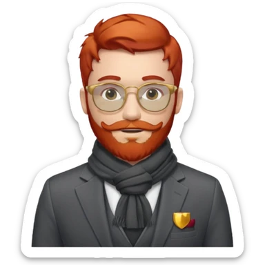 gray scarf, male,  beard, red hair, with suit, gold glasses sticker