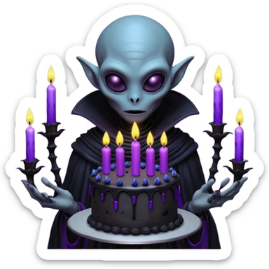 A tall mysterious alien holding a gothic black birthday cake with glowing purple candles, dark foggy alien planet, bioluminescent plants, dramatic shadows, dark fantasy sci-fi art, hyper detailed, moody lighting

 sticker