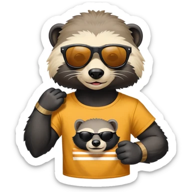 friendly anthropomorphised honey badger, close crop showing head, neck, and top of t-shirt with a graphic print, wearing sunglasses sticker