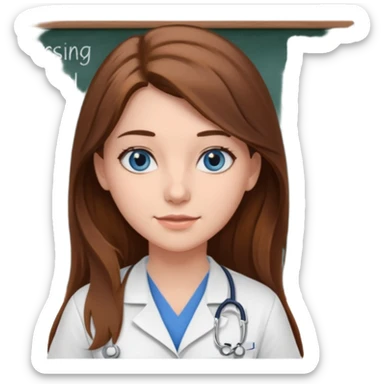 university classroom that says nursing school on the blackboard with a pretty female nursing student with long brown hair, blue eyes sticker