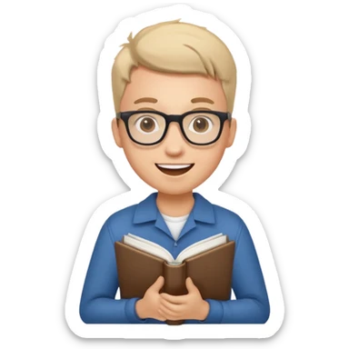 young programmer, excited, holding code book sticker